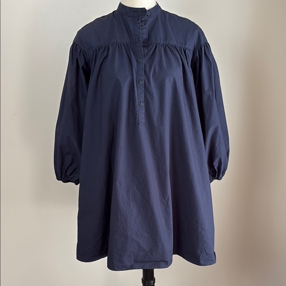 UNIQLO X TOMAS MAIER Cotton Poplin Gathered Long Sleeve Babydoll Dress Navy XS - Picture 2 of 16